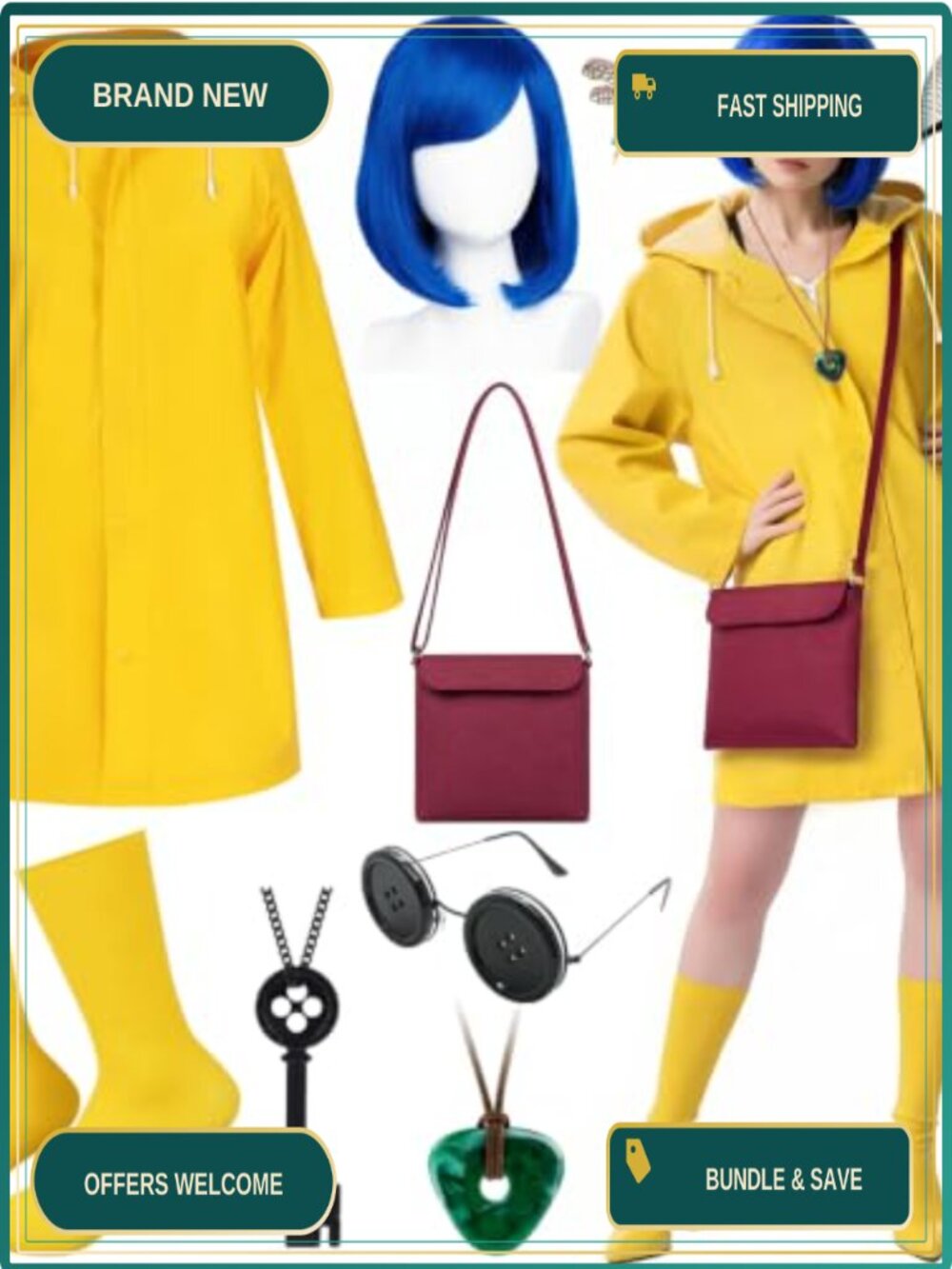 Fantasy Costume Set Hooded Raincoat Wig Crossbody Bag Halloween Cosplay